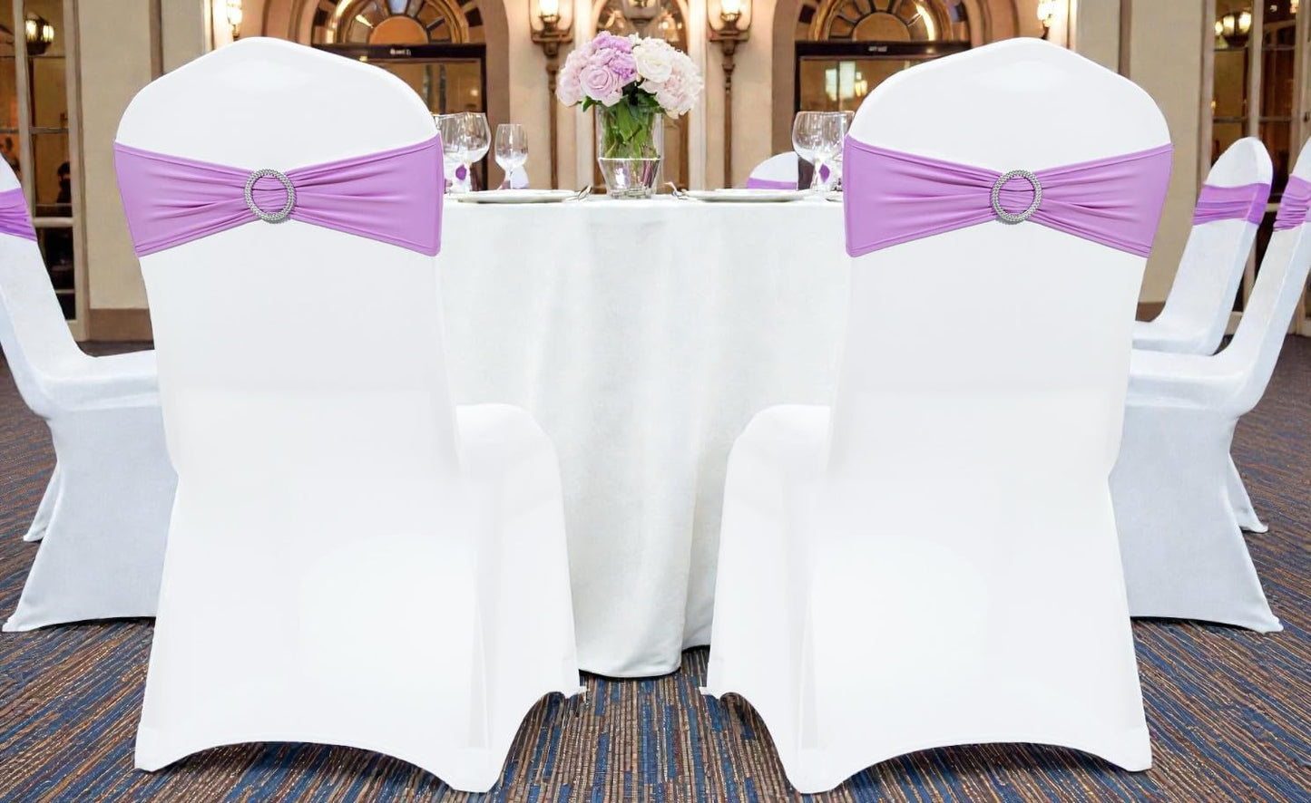 MDS Premium Stretch Spandex Chair Sashes - Pack of 50 Light Purple Covers with Buckle Slider for Weddings & Events