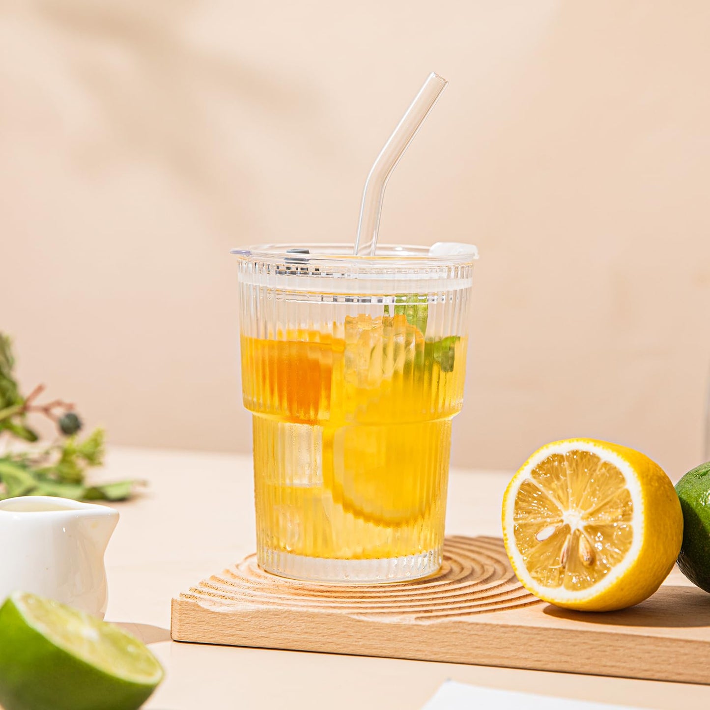 SoulTimes 13oz Glass Tumblers with Lids and Straws, Set of 2 - Stylish Ribbed Design Drinking Glasses for Iced Coffee, Juice, Smoothies, Cold Beverages, Includes Cleaning Brush, Durable Glassware