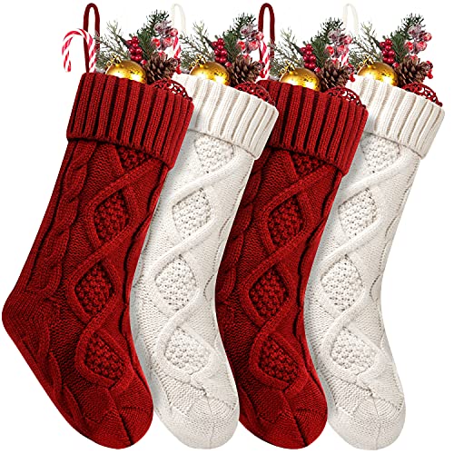Fesciory 18" Burgundy & Ivory Christmas Stockings 4 Pack Cable Knit for Fireplace
