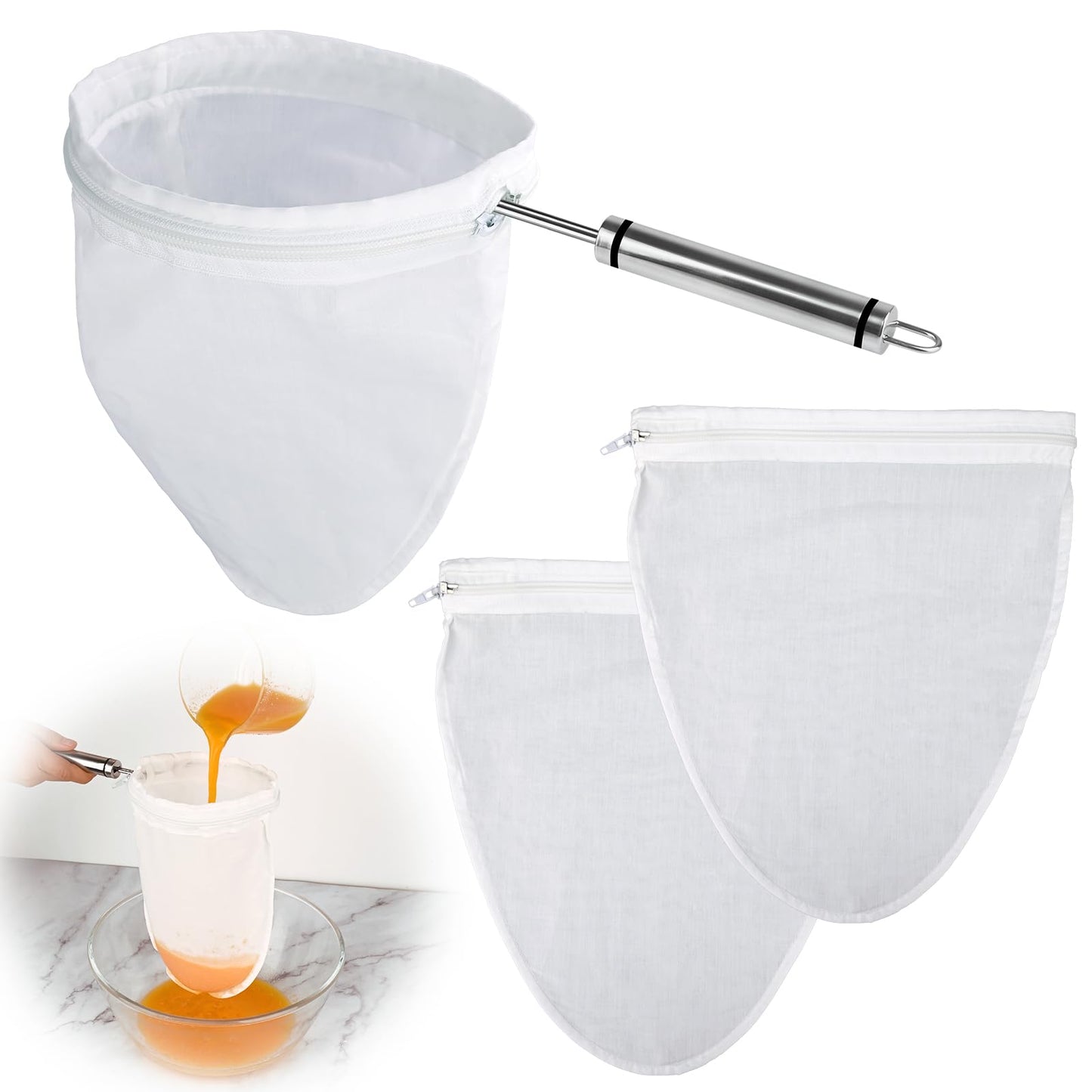 WMKGG Ultra Fine Mesh Strainer Bags,Cheese Cloth Bag for Straining, with Stainless Steel Handle Frame for Juices,Nut Milk,Fresh Cheese,Yogurt (Small Size)(4.95"Wx9.6"D)