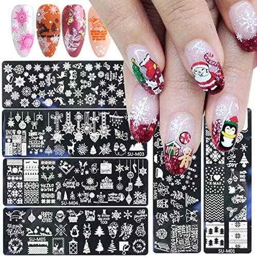 6Pcs Christmas Nail Stamping Plates Winter Snowflake Snowman Nail Stamper Template Kit Xmas Christmas Tree Elk Design Nail Decorations Supplies