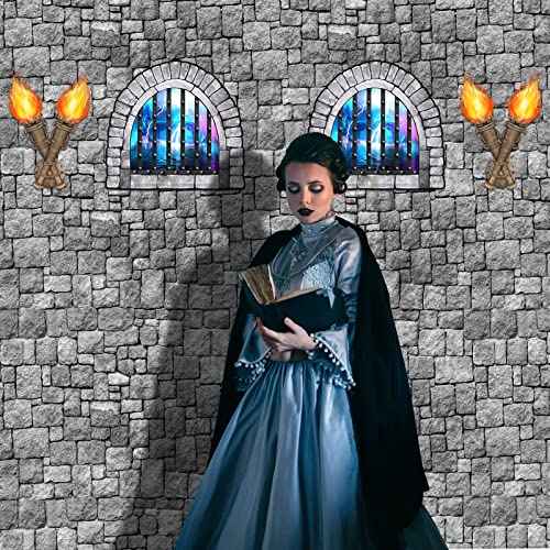 Zonon 11 Pcs Medieval Scene Setter Set Window Torch Props Plastic Brick Tablecloth Knight Themed Castle Decorations Medieval Party Decorations for Party Accessory(Dazzling Window)