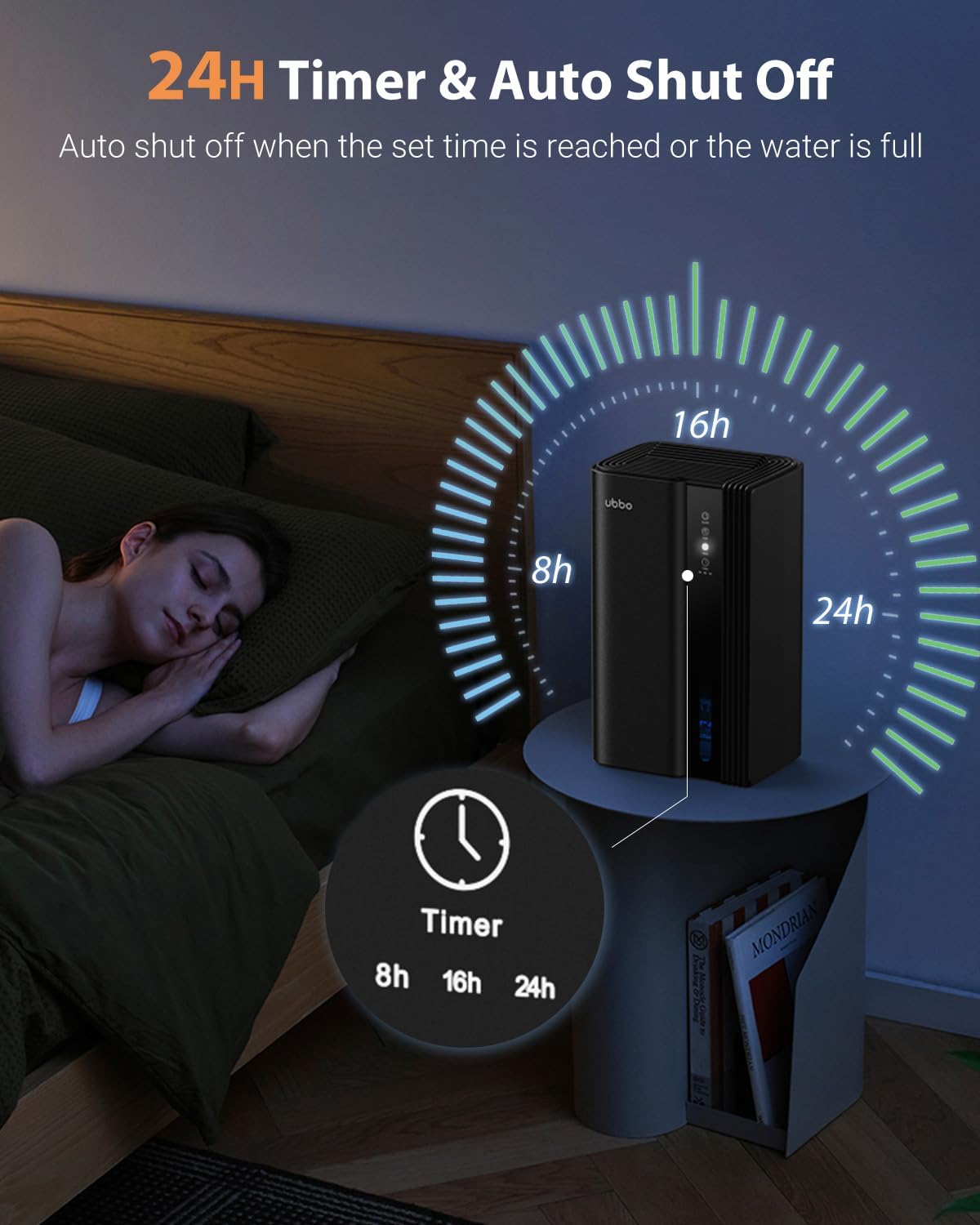 UBBO 95oz Dehumidifier for Home | 1000 Sq.Ft Capacity, Auto Shut Off & 7 Color Light - Black