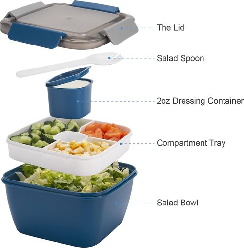 Freshmage Salad Lunch Container - 52 oz Salad Bowl with 3 Compartments & Dressing Container | Blue