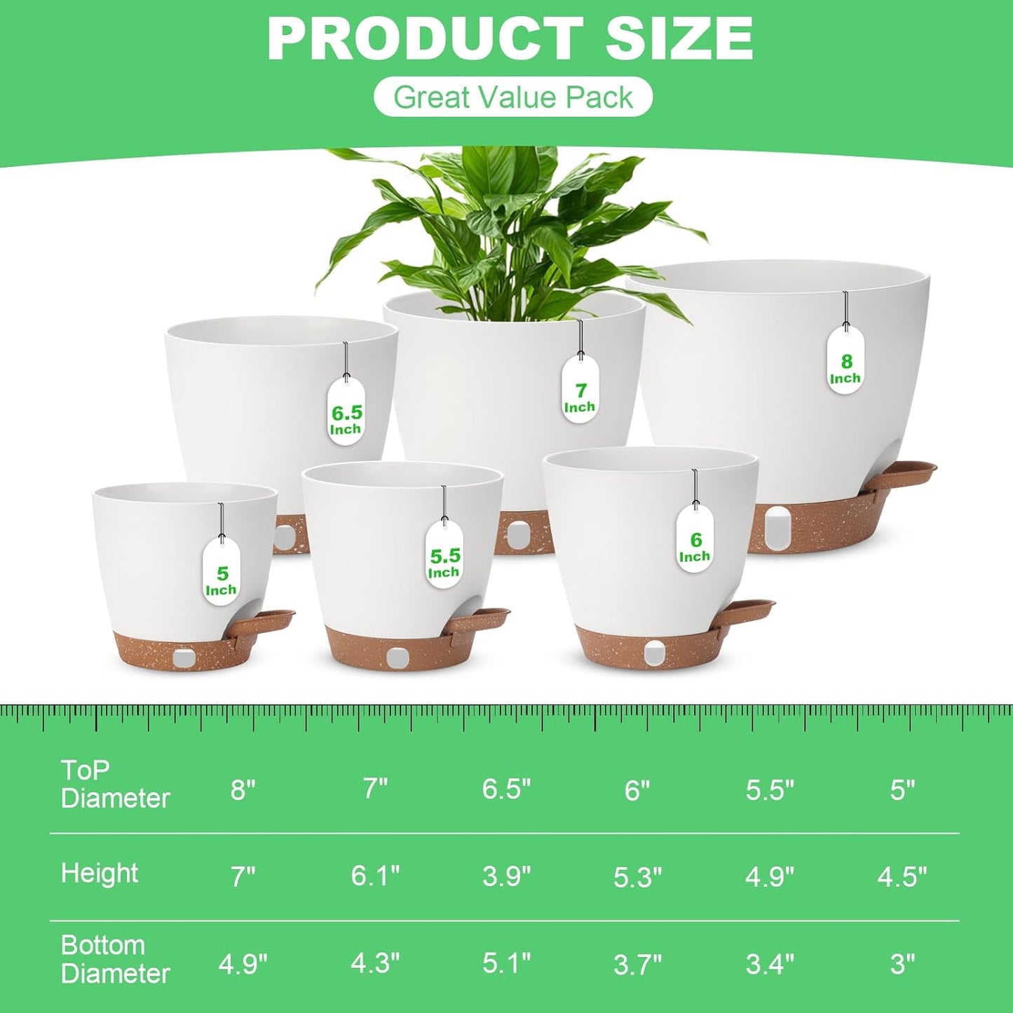 Skiennix Self-Watering Planter Set - 6 Pack of Modern Flower Pots with Visual Water Level | 8-5.5 Inch White