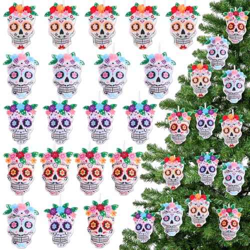 20 Pcs Day of The Dead Skull Hanging Ornaments Felt Dia De Los Muertos Sugar Halloween Tree Decoration Mexican Dia De Los Muertos Skeleton Pendent Decoration for Small Tree Christmas Xmas