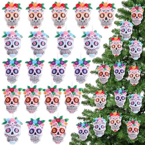 20 Pcs Day of The Dead Skull Hanging Ornaments Felt Dia De Los Muertos Sugar Halloween Tree Decoration Mexican Dia De Los Muertos Skeleton Pendent Decoration for Small Tree Christmas Xmas