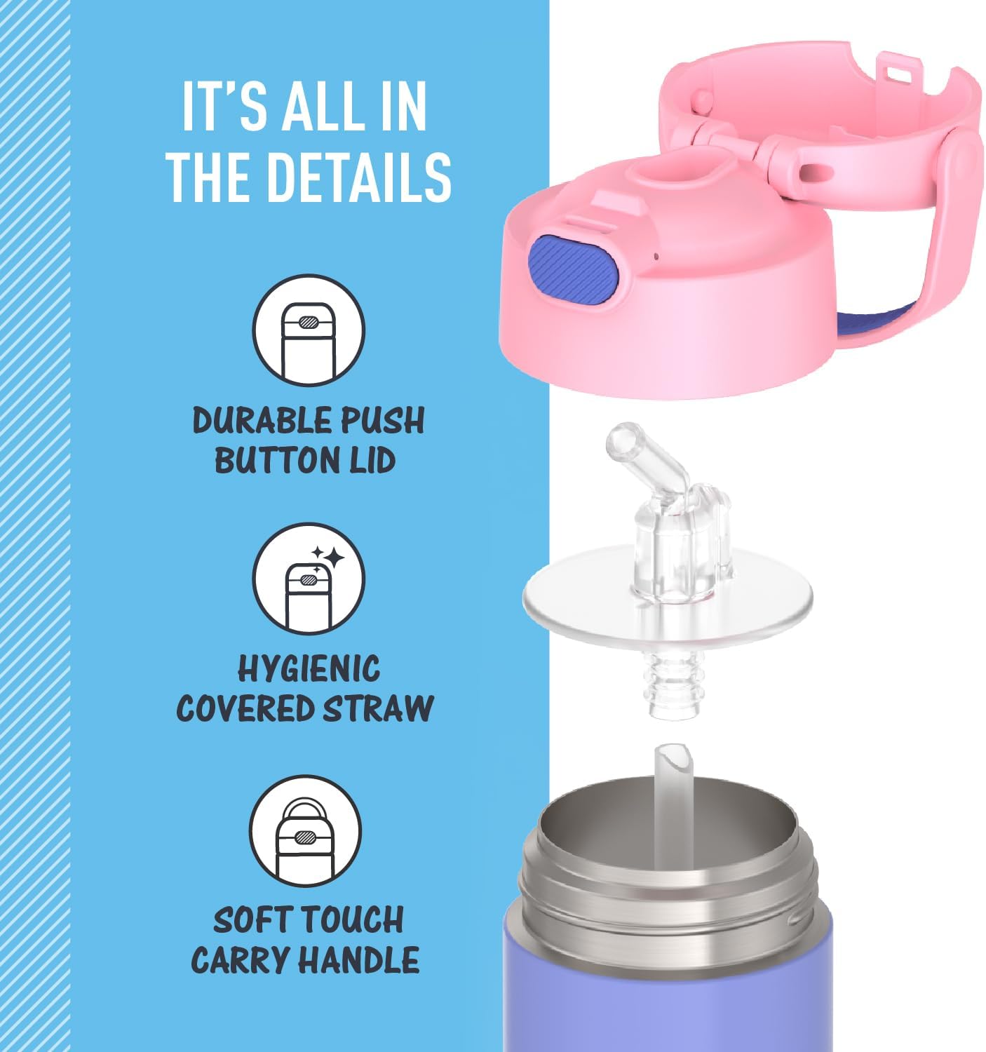 THERMOS FUNTAINER Water Bottle - 12 Ounce Kids Stainless Steel Vacuum Insulated - Purple/Pink