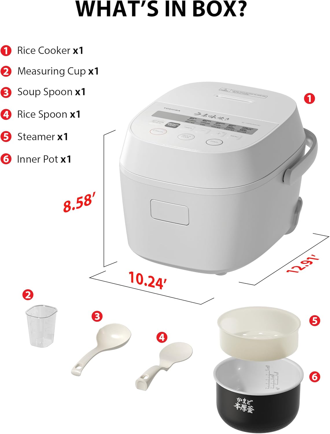 TOSHIBA Rice Cooker - 5.5-Cup Fuzzy Logic with 15-in-1 Functions & Digital Display - White