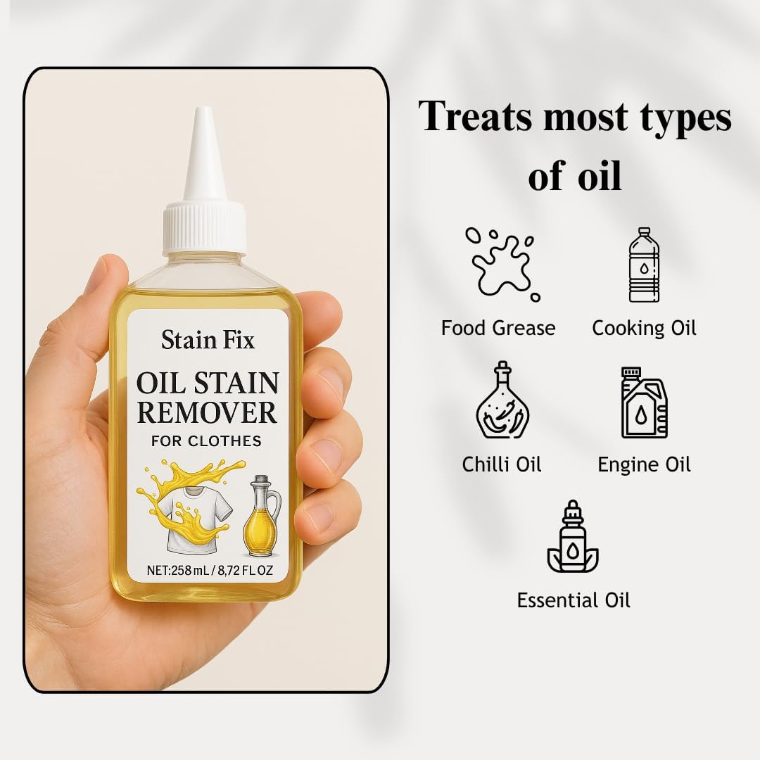 Oil Stain Remover by [Brand Name] - Effective Fabric Stain Solution for Cooking & Engine Grease | 8.72oz