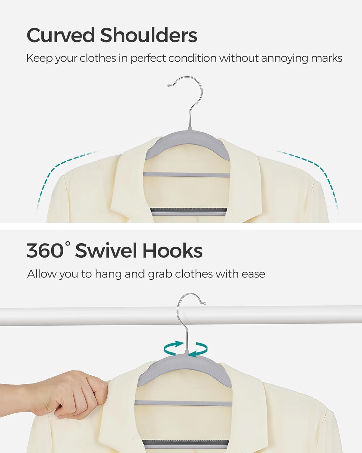 SONGMICS Space-Saving Plastic Coat Hangers - Non-Slip Design, 360° Swivel Hook, Light & Dark Gray | Pack of 50