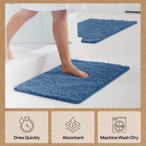 GORILLA GRIP Bath Rug Mat - Thick Soft Absorbent Chenille | Quick-Dry Microfiber, 36x24, Blue