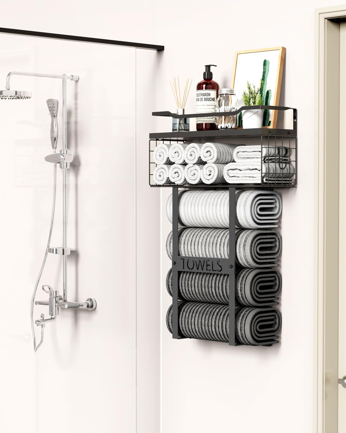 Wood Wall Mounted Towel Rack by [Brand Name] - Stylish Bathroom Storage Organizer in Black