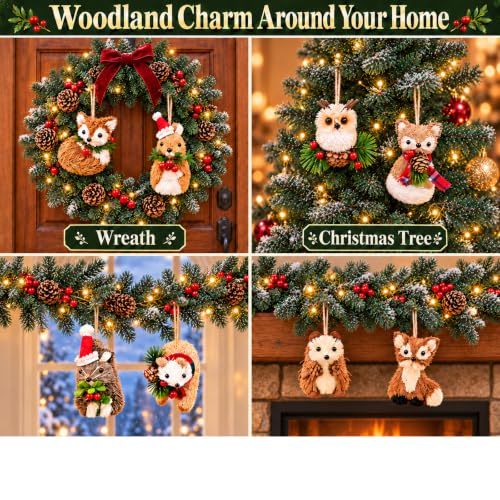 Woodland Animal Christmas Ornaments 8-Piece Set - Sisal Forest Critters for Tree and Wreath