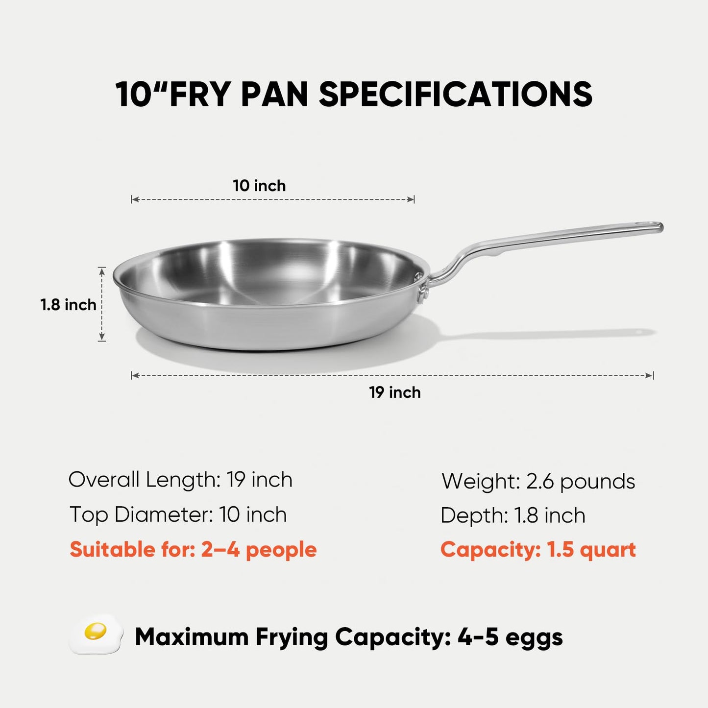 GLOBEHOME 10 Inch Stainless Steel Frying Pan - 5 Ply Stainless Clad Skillet with Aluminum Core, Durable and Even Heating, Professional Cookware for Induction, All Stoves, Oven and Dishwasher Safe