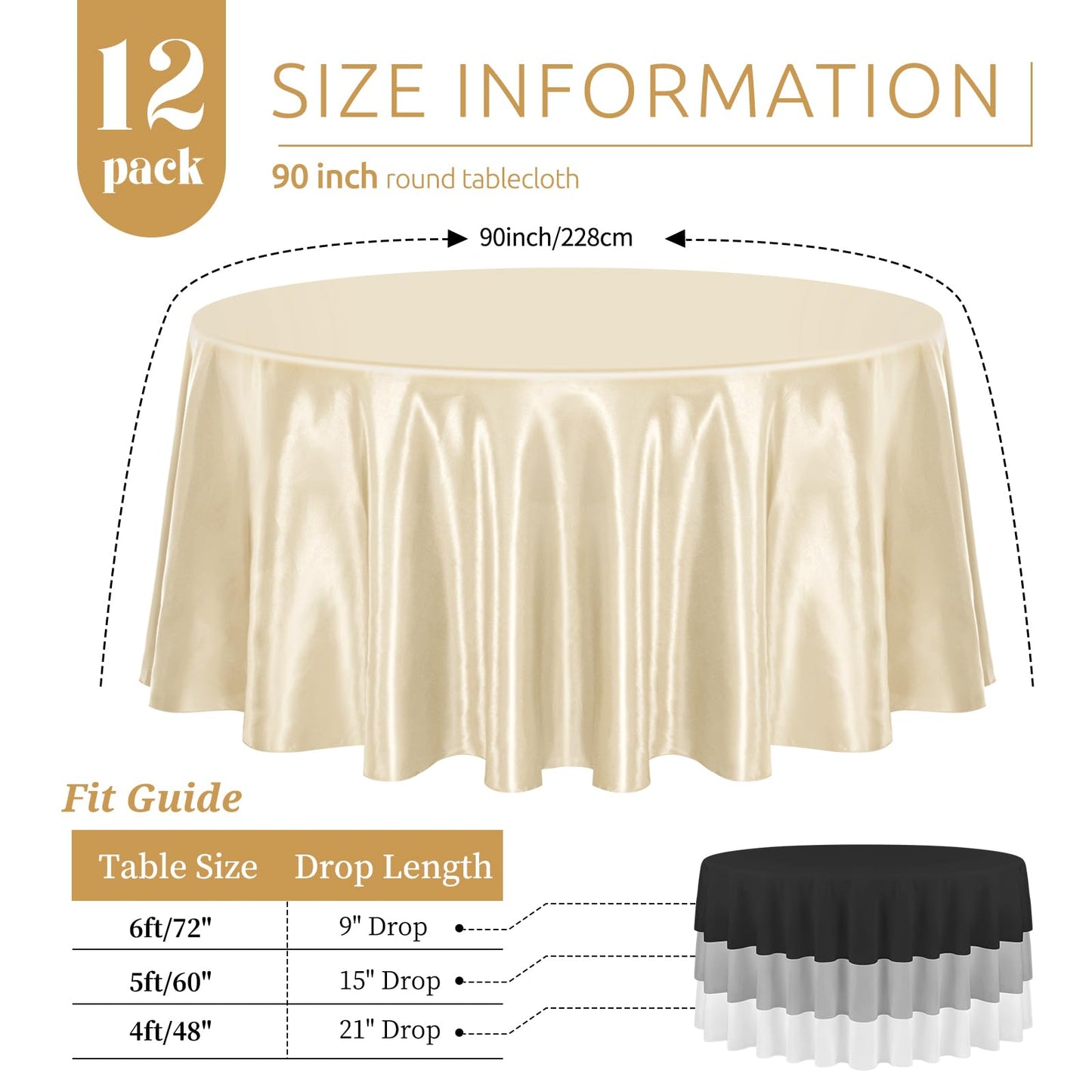 REWOMC 12 Pack 90 Inch Round Tablecloth, Champagne Satin Fabric, Wrinkle & Stain Resistant, Perfect for Weddings & Banquets
