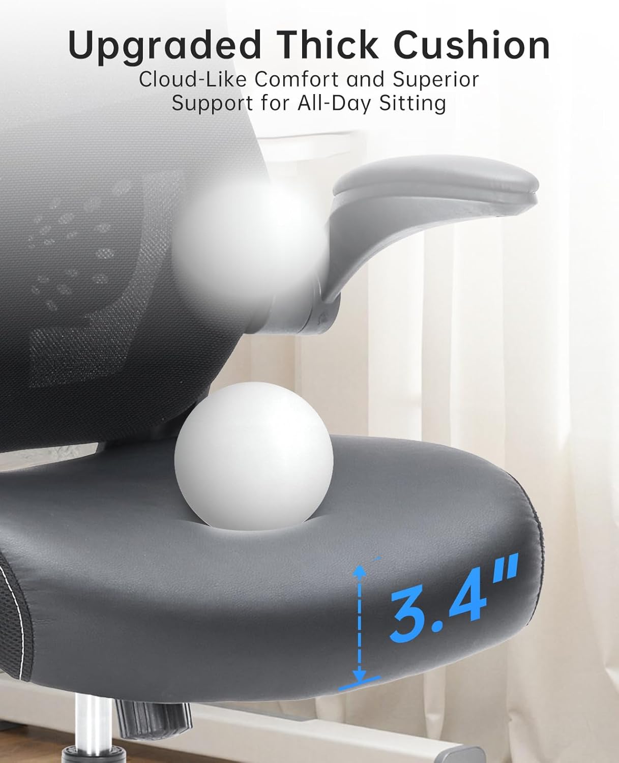 Skiennix Ergonomic Office Chair - Mesh Back, Adjustable Height, Flip-Up Arms, Black Leather Seat