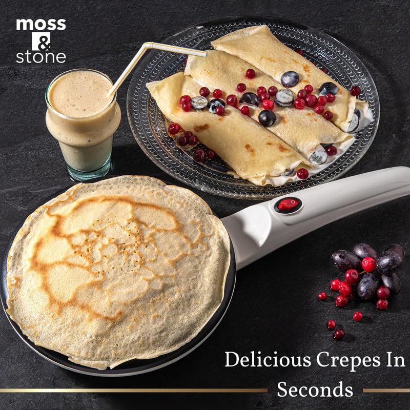 Moss & Stone 8-Inch White Electric Crepe Maker - Portable Nonstick Pan, Auto Temp Control