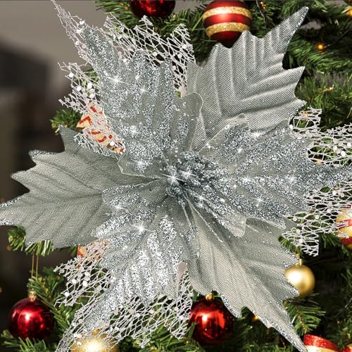 Stadeco Silver 10-Inch Christmas Glitter Poinsettia Flowers Decorations, 10 Pcs