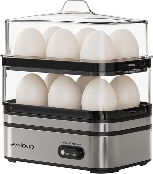 Evoloop Rapid Egg Cooker - Electric 12-Egg Capacity, Soft/Medium/Hard Boiled & Poached, BPA-Free Tray