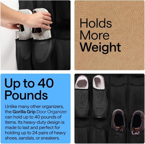 GORILLA GRIP Over The Door Shoe Organizer - 24 Large Breathable Mesh Pockets | Space-Saving Hanging Storage in Black