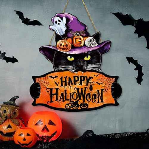 Halloween Welcome Sign Hanging Wood Decor- Halloween Door Sign with Black Cat, Witch Hat, Ghost and Pumpkins, Indoor Outdoor Hanging Decor for Holiday Welcome