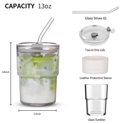 BLUEPOLAR 13 oz Tumbler Water Glass, Water Bottle with Straw and Dustproof Lid, Coffee Ice Cup Double Wall Insulated Glass Cup (White with Protect Sleeve)