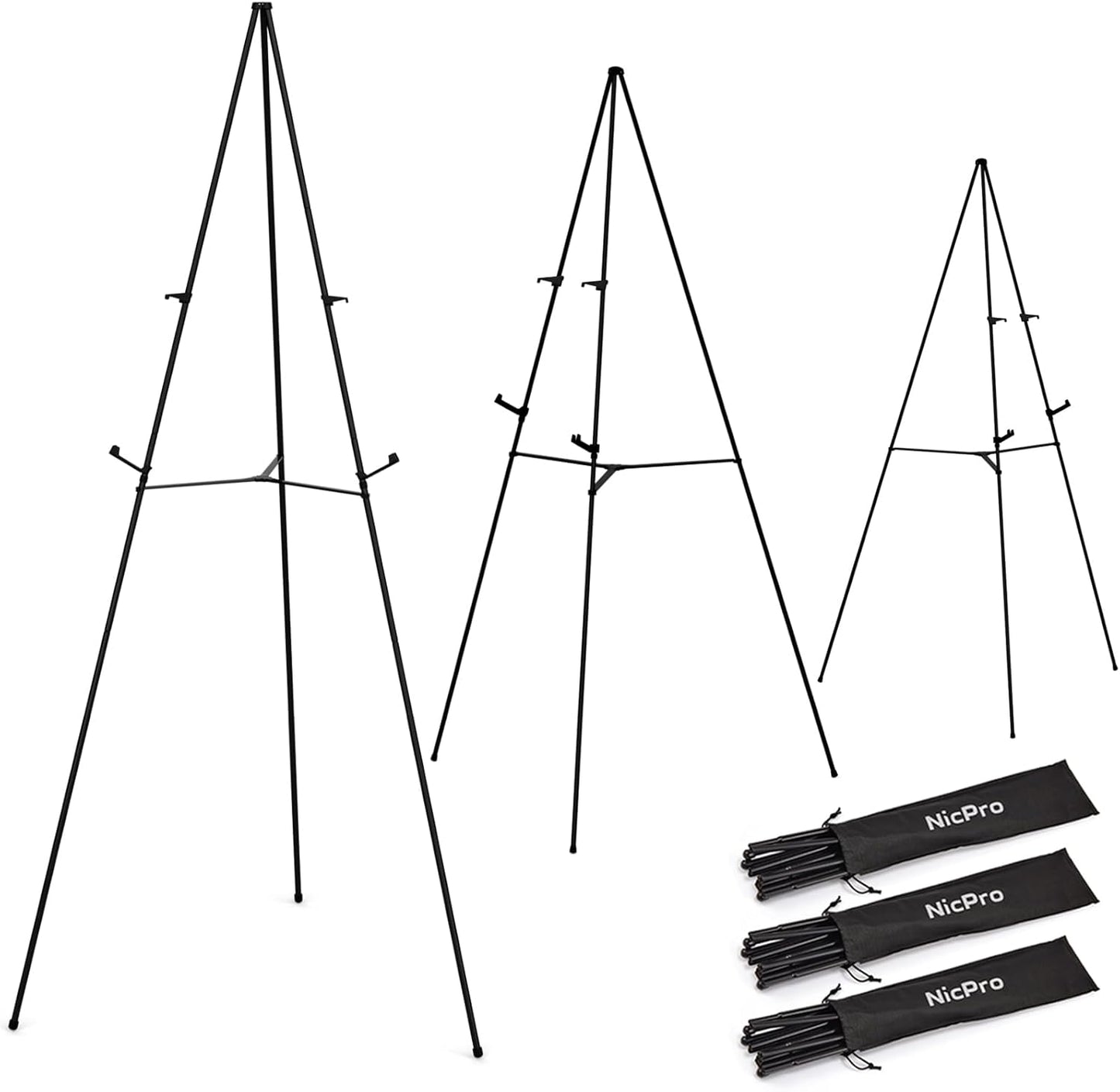 Nicpro Folding Easels - 63 Inch Metal Tripod Stand, Portable 3-Pack for Artists & Weddings - Black with Carry Bag