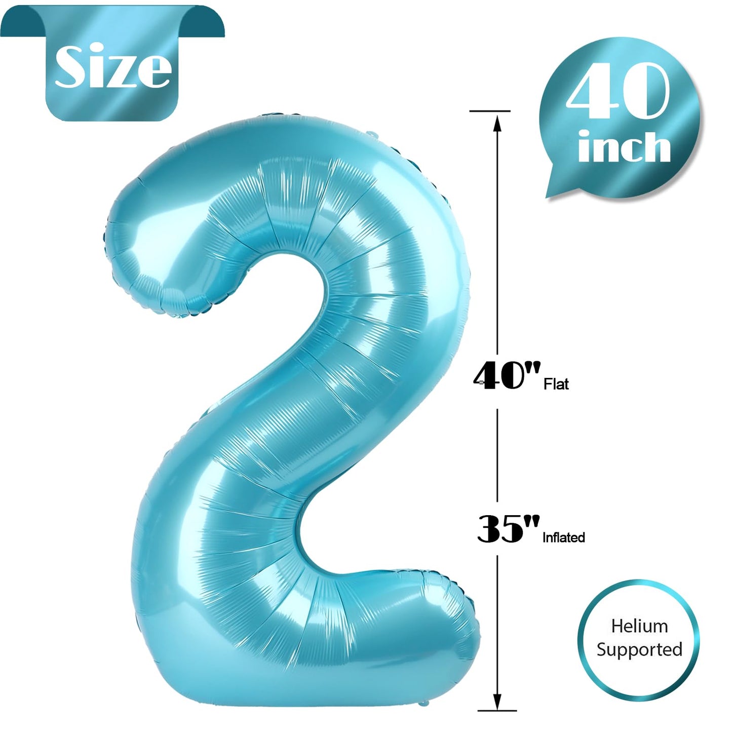 Pearlescent Blue 2 Balloon, Number Balloons 40 Inch, 2nd Balloon Number Birthday Decorations, Second Two Birthday Party Supplies, Number 2 Balloon
