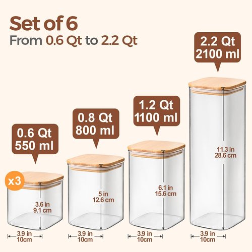 ComSaf Food Storage Containers - Airtight Glass Canister Set of 6 for Kitchen Pantry | Clear Square Jars for Spaghetti, Sugar, Flour, and More