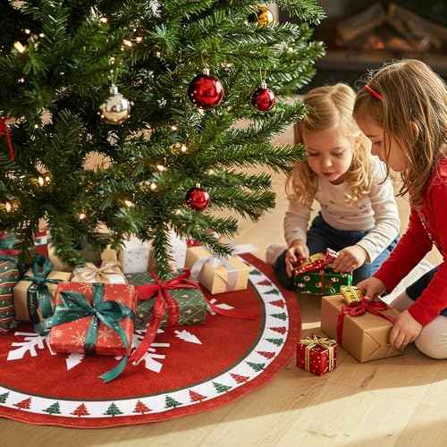 MACTING Christmas Tree Skirt, 30 Inch Round Red Polyester Christmas Tree Skirts with Big Snowflake and Christmas Tree Printed for Holiday Party Rustic Xmas Tree Decoration