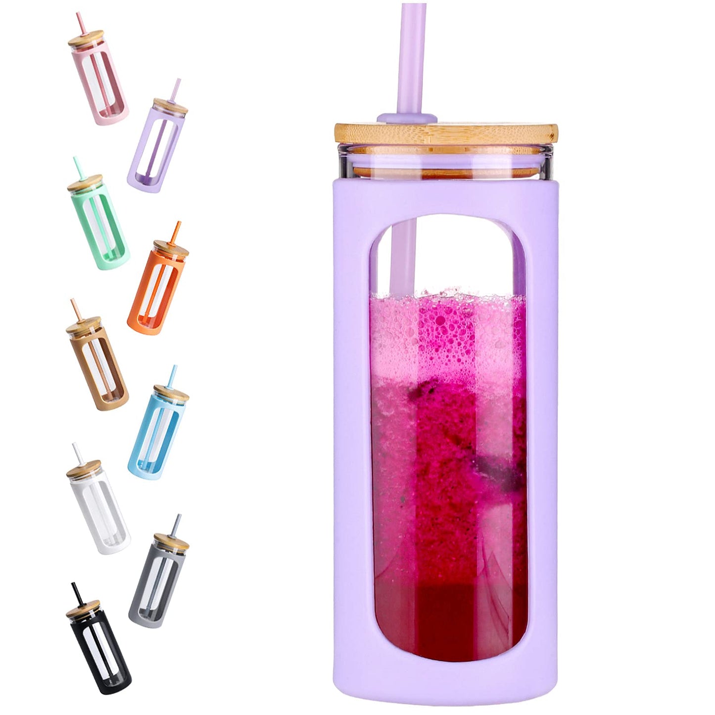 Kodrine 20oz Glass Water Tumbler with Straw and Lid, Bamboo Lids Water Bottle, Iced Coffee Cup Reusable, Wide Mouth Smoothie Cups with Protective Silicone Sleeve BPA FREE-Purple
