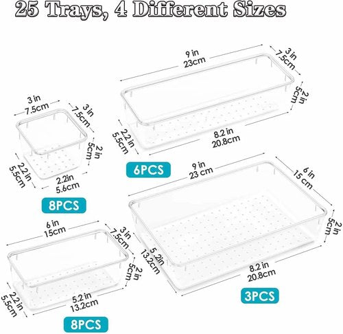 25-Piece Clear Plastic Drawer Organizer Set - Versatile Non-Slip Storage Bins & Trays for Bathroom, Kitchen, Office & Bedroom