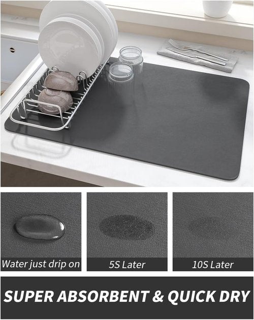 AMOAMI Dish Drying Mat - Absorbent Rubber Backed Kitchen Counter Mat | 12"x19", Dark Grey