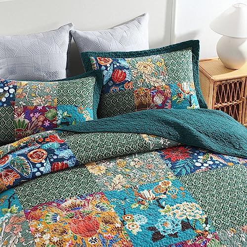 Autumn Dream Reversible Cotton Bedspread Quilt Set Turquoise Floral Patchwork Queen Size