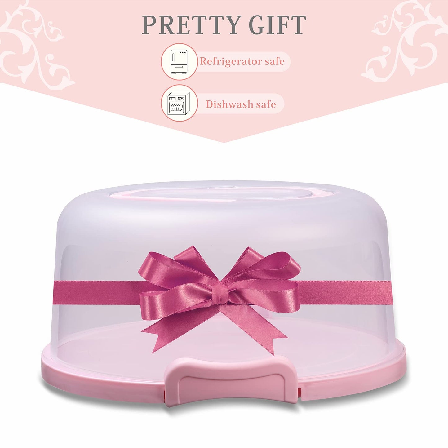 SETLUX 10in Plastic Cake Carrier with Handle, Round Cake Holder with Lid Pink Cake Container for 6in/8in/10in Cake(white)