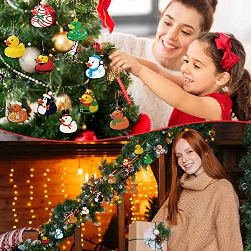 48 Pcs Christmas Wooden Duck Ornament Holiday Duck Tree Xmas Hanging Ornament Santa Snowman Christmas Characters Duckies for Xmas Tree Party Themed Decoration