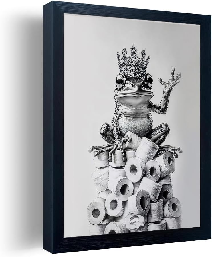 Orvannaatr Bathroom Wall Art - Framed Black and White Frog Design | Playful Decor for Any Bathroom