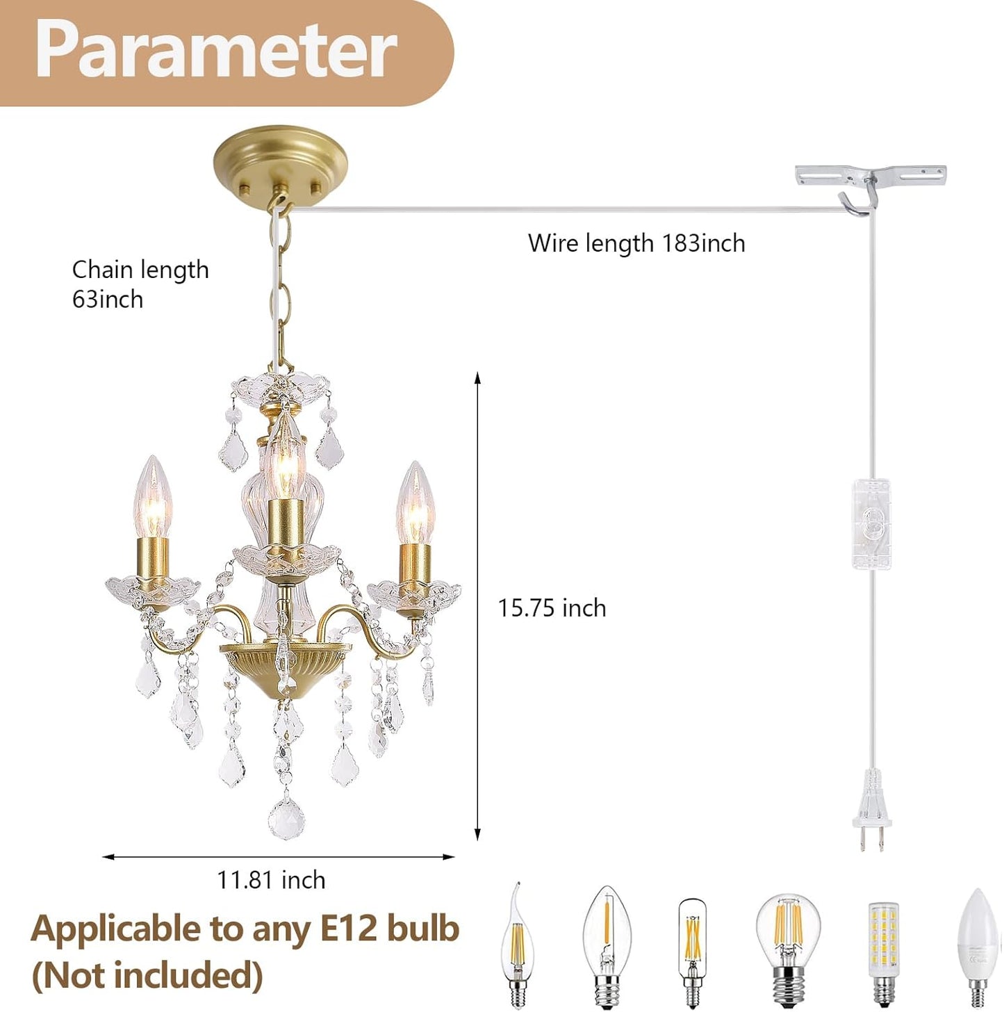 Plug in Modern 3-Light Gold Chandelier with Glass Crystals, Candle Style Pendant Light Fixtures for Living Room, Girls Room, Kitchen Island, Entryway