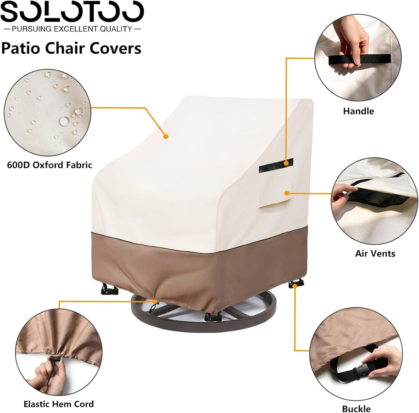 Patio Chair Covers | Waterproof Heavy-Duty Protection for Swivel Chairs - 33W x 35D x 36H Inches (Beige) - 2 Pack