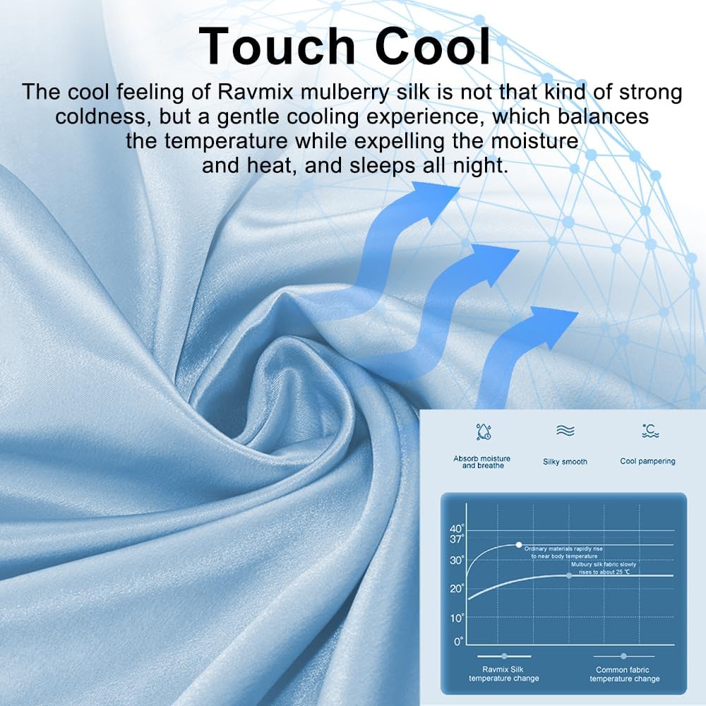 Ravmix Silk Pillowcase - 21 Momme Mulberry Silk for Hair & Skin Health | Soft & Breathable Queen Size (Light Blue)