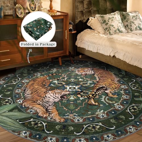 Geanlod 8Ft Round Green Tiger Washable Rug for Living Room & Bedroom