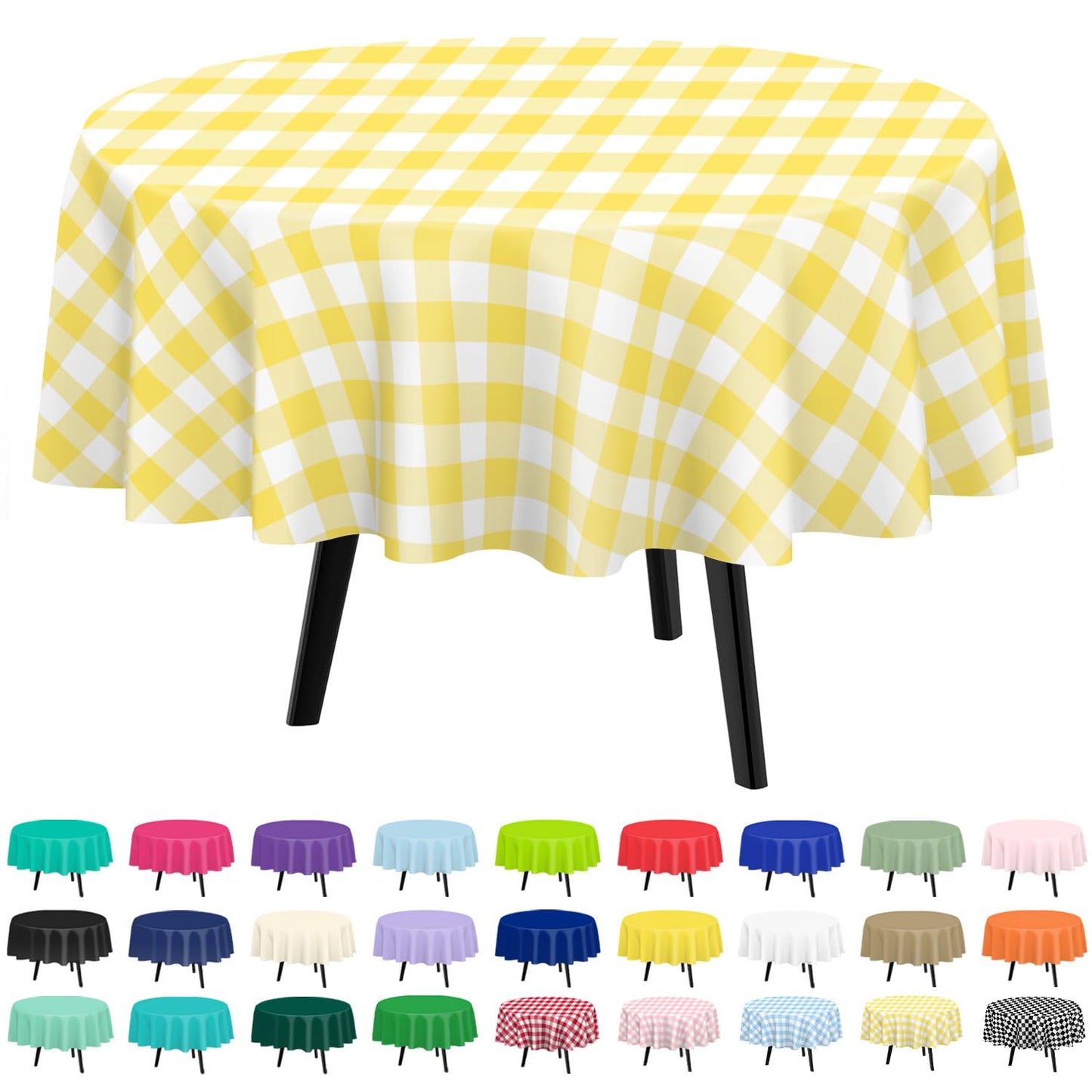QIKSION Yellow Gingham Round Tablecloth 2 Pack, 84 Inch Plastic Checkered Table Cover Disposable for Parties