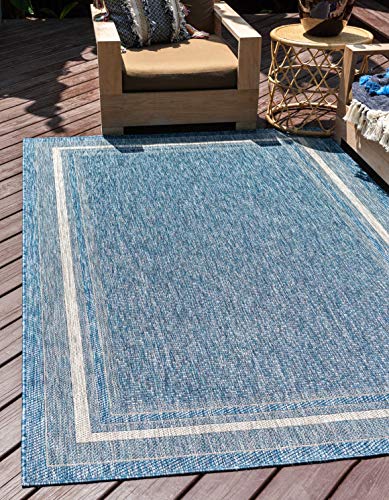 Unique Loom Outdoor Border Area Rug 7'1" x 10' Rectangle Blue Ivory - Patio & Garden Decor