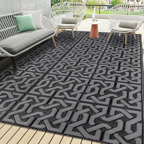 SAND MINE Reversible Plastic Straw Rug - 9' x 18' Black & Grey Outdoor Floor Mat for Patio, RV, Beach, Camping
