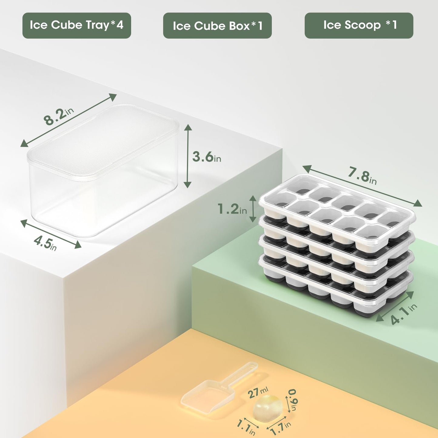DOQAUS Ice Cube Tray with Lid and Bin - 4 Pack Silicone Ice Cube Trays for Freezer, Stackable Ice Bucket Kits with Storage Container & Scoop for Kitchen, RV, Cocktail, Coffee