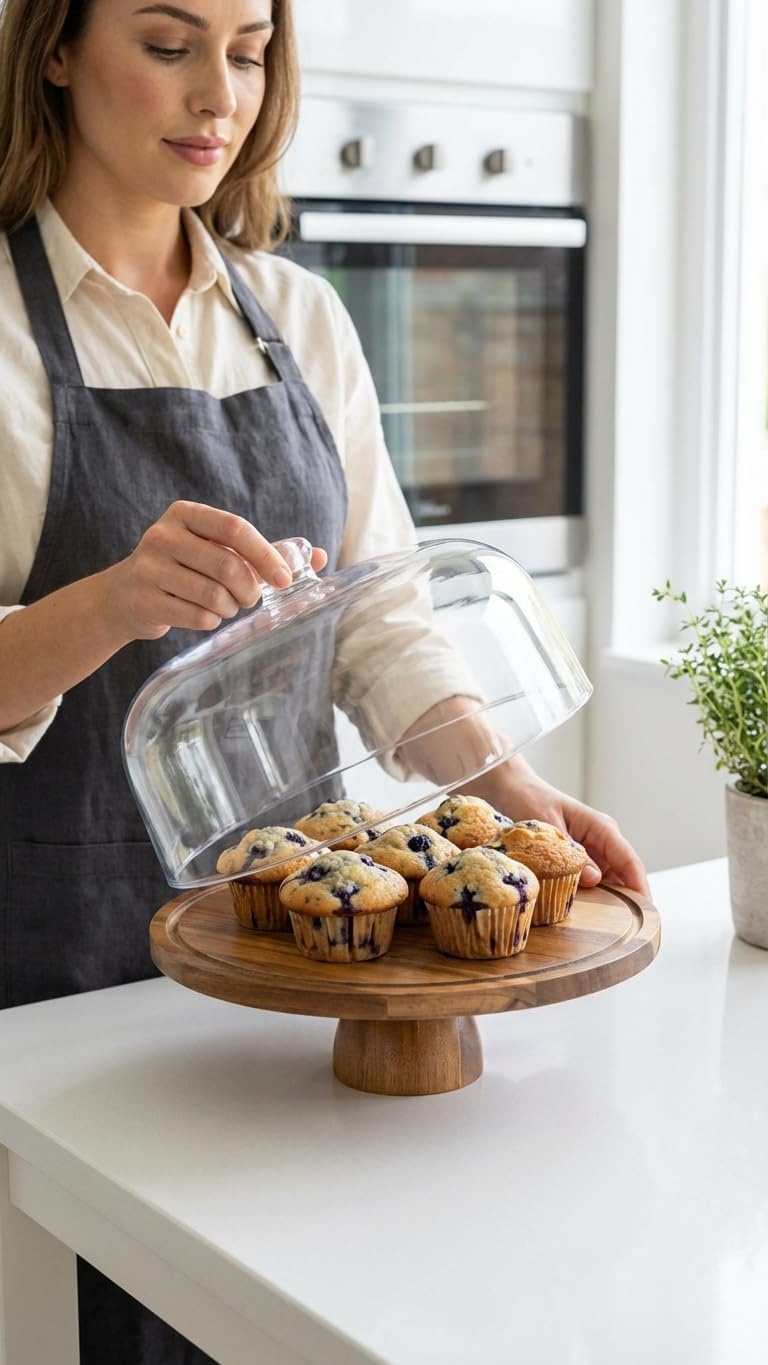 Linda’s Essentials Acacia Wood Cake Stand - 12-Inch Round Holder with Lid & Bonus Cake Sheets | Versatile Dome & Charcuterie Board