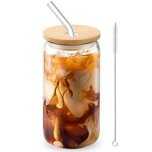 CWHHRN Glass Cups with Lids and Straws, 16oz Drinking Glasses, Iced Coffee Cups, Glass Tumbler with Lid, Great for Soda Boba Tea Cocktai (1 PACK)