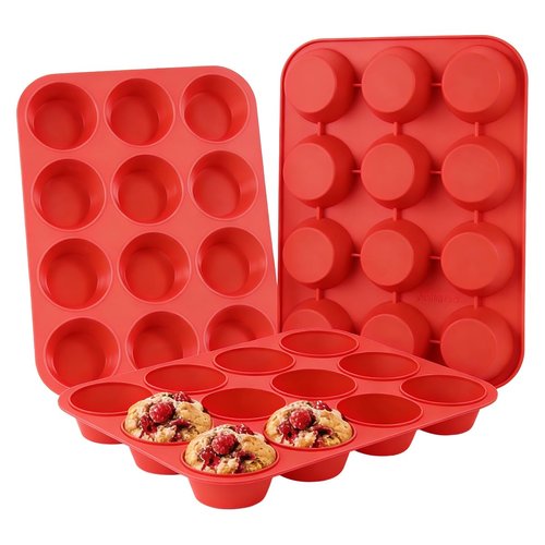 CAKETIME Silicone Muffin Pan 3 Pack Regular 12 Cup Muffin Tin for Baking Banana Muffins Cupcakes Egg Muffins