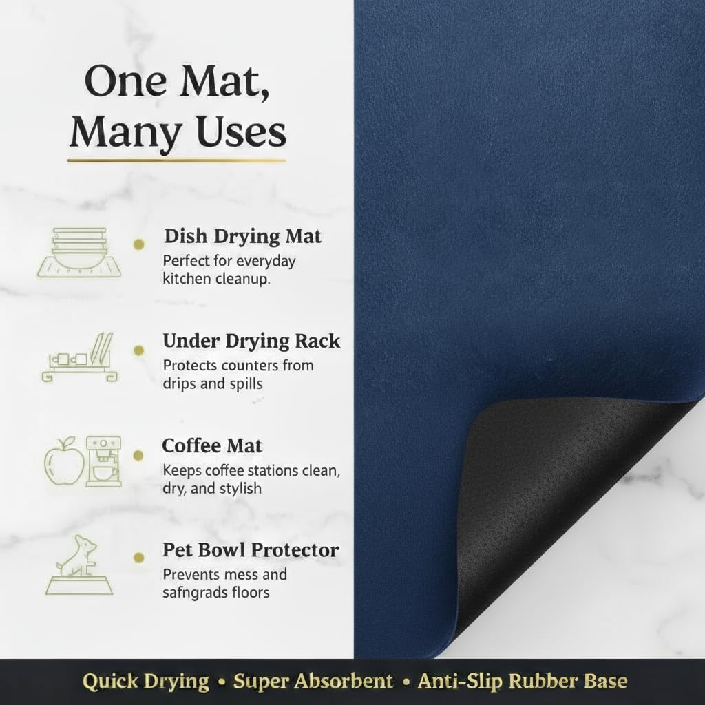 STRABELLA Dish Drying Mat Super Absorbent – 16" x 18" Coffee Mat for Countertops – Non-Slip Drying Mat for Kitchen Counter – Easy to Clean Water Absorbent Mat – Large Dish Drying Mats (Navy Blue)